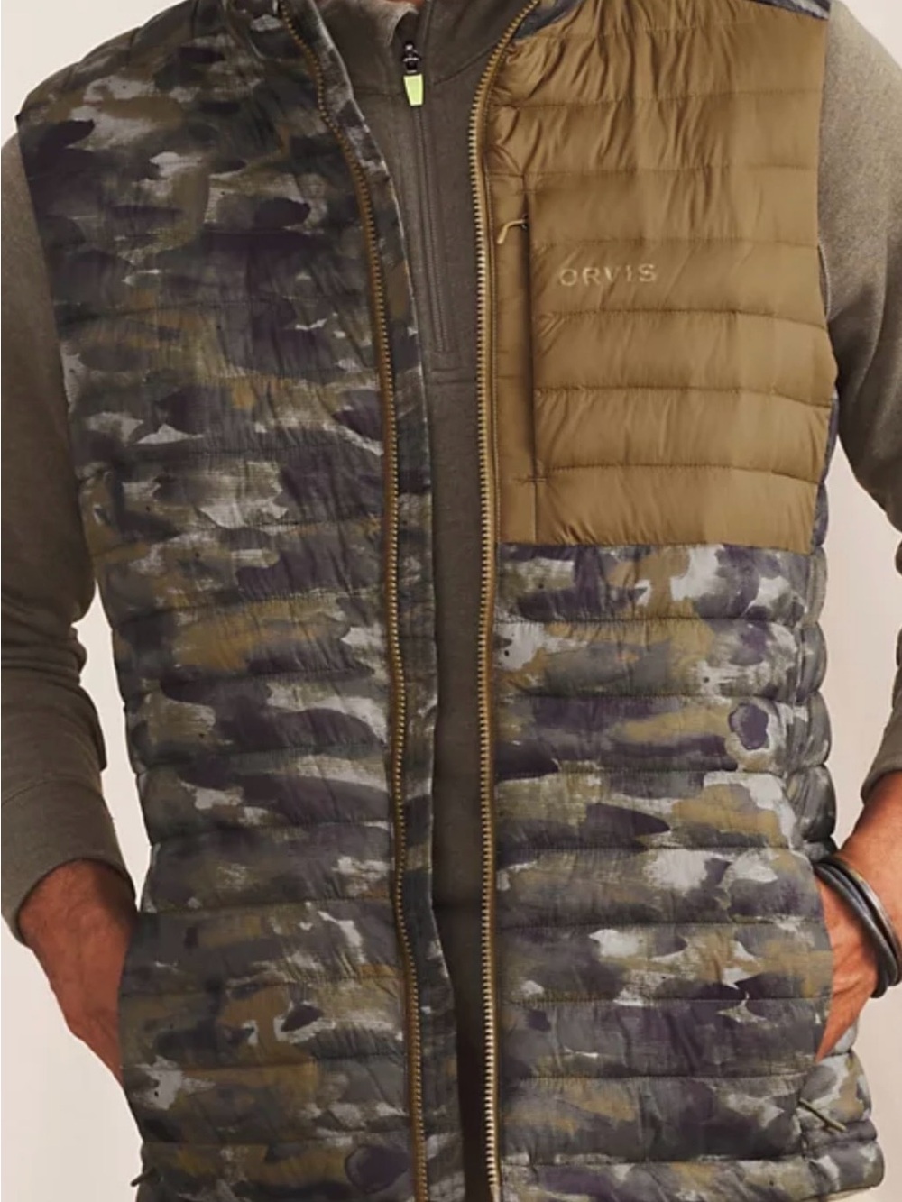 Orvis Men’s Camo Quilted Vest in Olive and Tan - Picture 2 of 7